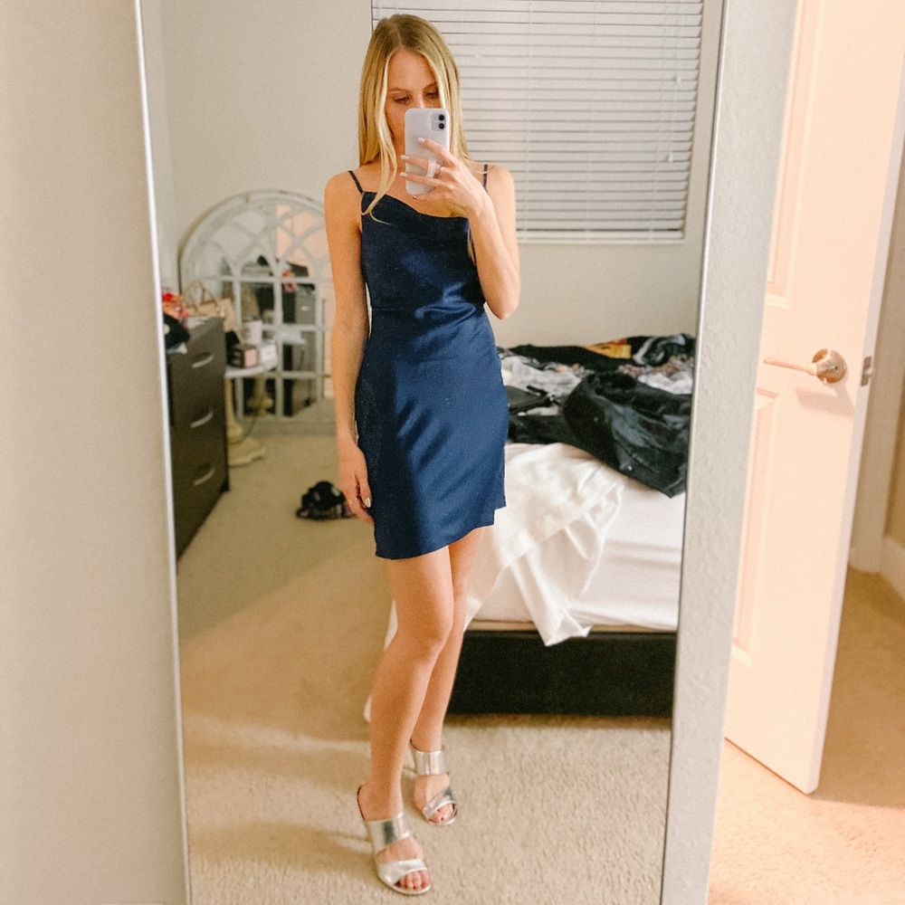 UO Mallory Cowl Neck Slip Dress Navy Blue